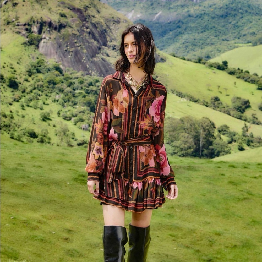 Farm Rio Black Chenille Flowers Belted Long Sleeve Mini Dress NWT Size Medium